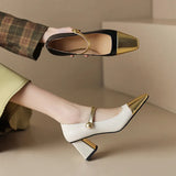New French Mary Jane Shoes, Lacquered Leather, Square Head, Thick Heels, High Heels, Small Fragrant Style, One Word, Single Shoe