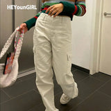 Khaki Casual High Waist Denim Trousers Women Elegant Fashion Harem Pants Capris Skinny Pocket Sweatpants