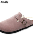2023 New Winter Unisex Cork Slippers Casual Women Plush Inside Men Buckle Nubuck Leather Closed Toe Slide Slip on