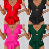 Solid-Color One-Piece Swimsuit Women 2025 New All-In-One Lotus Edge Hollow Air Pressure Line