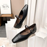 Solid Color quality leather flat shoes woman elegant work shoes mary janes pointy ankle strap women loafers big size
