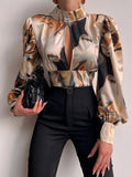 Spring New Sexy Elegant Hollow Out Backless Tops Women Vintage Print Lantern Sleeve Shirt Lady Fashion Turtleneck Lace-Up