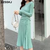 winter A-LINE sweater dress elegant knit Drawstring dress women slim midi dress Female chic knit elegant