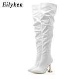 New Design Pleated Leather Over The Knee Boots Fashion Runway Strange High Heels Sexy Pointed Toe Zip Womans
