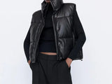 Women Fashion Side Drawstring Leather Vest Coat Female Zipper Stand Sleeveless Jacket Ladies Chic