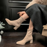 Comfortable ~2023 New Thick Heel Elastic Suede Thin Boots Versatile Korean Version Of High