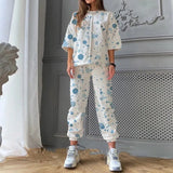 Spring Summer New Women O Neck Print Fashion Casual Set Elegant Mid Sleeves Long Pants Loose Pullover Soft Streetwear