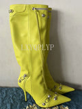 Fashion Luxury Pointed Toe Stiletto Women's Shoes Retro Metal Buckle Zipper Knee High Boots Slim Tassel Boots Women Size