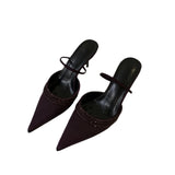 Breakj Winter New Pointed Purple Thin Heel High Mouth Water Drill With Silk Sat Sandals Half-Dragging