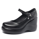 Breakj And Autumn Women's Shoes Thick Bottom Slope And Shallow Single Shoes High Heels Ladies Leather Shoes Magic Stick Round Head Loose Cake Middle-Naught Mother