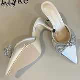 Sexy Pointed Toe Stiletto High Heels Mules Slippers Sandal Fashion Crystal Bowknot Design Slip-On Pumps Women Shoes