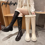 Women Thigh High Boots Winter Knee High Fur Boots Black White Flat Leather Boots Thick Plush Warm Botas Platform