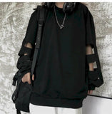 Street Tshirt Women T Shirt Couple Hip Hop Loose Hollow Black Long Sleeve Student Gothic Punk Clothes Plus Fashion