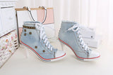 Women Canvas Shoes Denim High Heels Rivets Shoes Fashion Shoe Spring Sneakers Women's Pumps Black Blue Autumn New
