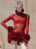 New Sexy Mesh Perspective High-Necked Long-Sleeved Dress Dress Body High-End Temperament Floral Dress Dress Dress