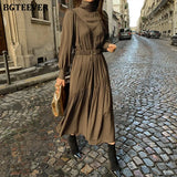 Elegant Long Sleeve A-line Dress Women Mid-Long Loose Dress Female Vintage Turtleneck Spring Dress Vestidos Femme