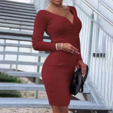 New Spring Autumn Lady Long Sleeve Dress Mini Dress Women Elegant V-Neck Solid Color Slim Dress Fashion Sexy Bodycon Party