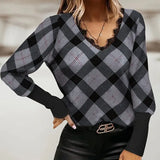 2022 Spring Ladies Vintage Plaid Popular Pullovers Autumn Fashion Casual Long Sleeve Blouse Women Sexy V Neck Lace Shirts