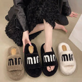 Celebrity Muffin Thick Bottom Letter Wool Slippers Women Wear 2024 Winter New Style Lamb Wool Cotton