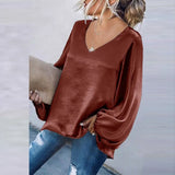 Simple New V Neck Solid Color T-shirts Fashion Autumn Winter Long Sleeves Loose Pullover Top Office Lady Elegant