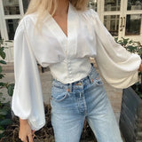 Chic Buttons Slim Waist Cropped Blouses Women 2021 Fashion Puff Sleeve V-Neck Shirts Girls Casual