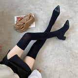 Breakj Stockings Boots Pointed Thin Boots Women Long Tube Knitting Wool Elastic Socks Boots Thick Heel High Heels Over The Knee Boots