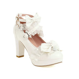 Super High Heeled Sweet Lolita Gothic Style Cosplay Shoes Girls Lovely Bow Tie Fur Ball Women Pumps Lace Cross