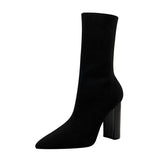 Breakj Fall / Winter Fashion New Simple Thick With High Heel Pointed Sexy Nightclub Show Thin Wool Ankle