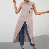 Celmia Asymmetrical Long Shirts Women 2022 Summer Sleeveless Sexy Buttons Tops Casual Loose Split Hem Chic Thin