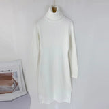 Solid Knitted Long Dress Women Autumn Winter Turtleneck Long Sleeve Sweater Dress Lady Split Loose Casual Dress