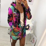 Spring Autumn Fashion Women Zipper Pocket Print Fleece Sweatshirts Casual Long Sleeves Hooded Collor Streetwear Warm