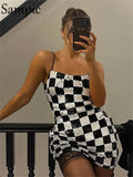 Sequins Dress For Women White Black Plaid Sexy Wrap Spaghetti Strap Mini Party Dress 2022 Summer Y2K Female Club