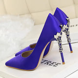 Women Pumps Pointed Toe Satin Office Lady Shoes Summer High Heels Woman Wedding Bridal Shoes Metal Ladies