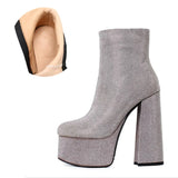 Leather Rhinestone Platform Ankle Bootswoman Shoes High Heels Sexy Super High Heel Round Toe Zip Boots Black
