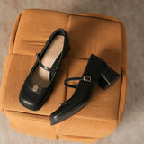 Breakj Mary Jane Shoes Female Camellia Thick Heel Single Shoes Hepburn Wind Professional Single Shoes Women's Word Buckle Square Head
