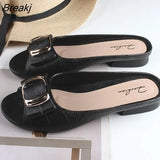 Women Summer Slippers 2023 New Square Buckle Casual Peep Toe Beach Shoes Fashion Flat Chunky Heels Sandalias Zapatillas