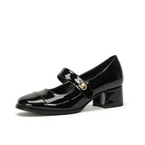 Breakj 2024 New Thick Heel Shallow Soft Leather Single Shoes Korean College Professional Work Commuting Women's Shoes Square Head
