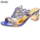 Women Summer Fashion Rhinestone Slipper Sexy Hollow Out Chunky High Heels Sandals Crystal Party Shoes Woman Flip