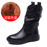 Breakj Boots Pile Boots Top Layer Of Kraft Mid-Sleet Boots Women Flat Bottom Soft Skin Autumn Winter Leather Martin Boots Horse Rider