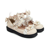 Women Fashion Flat Heel Bow Buckle Strap Platform Round Toe Cosplay Lolita Mary Janes Shoes with Lace Edge and Pearls