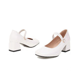 Japanese Sweet Lolita Med Chunky Heels Square Toe Pearl Elastic Band Strappy Princess Shoes Plus Size 34-48 White Purple