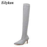 2022 Fashion Runway Crystal Stretch Fabric Sock Boots Pointy Toe Over-the-Knee Heel Thigh High Pointed Toe Woman