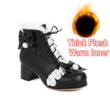 Chunky High Heel Lolita Shoes Butterfly-knot Cloth Plush Inner Women Cosplay Princess Ankle Boots Winter Autumn Pink White