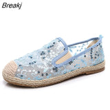 New Lace Mesh Crystal Butterfly Loafers Women Luxury Pearl Moccasins Ladies Summer Walking Shoes Fashion Ballet
