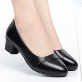 Women Mid Heel Shoes Office Lady Pumps PU Leather Black Basic Square Heeled Spring Autumn Loafers Female