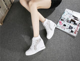 Women Wedge Platform Sneakers Rubber Brogue Leather High heels Lace Up Shoes Pointed Toe Height Increasing Creepers White