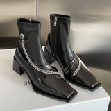 Breakj Design Sense Soft Leather Square Head Thick Heel Short Boots Women's Chain Martin Boots Tide Cool Fashion Single Boots Elastic Thin Thin