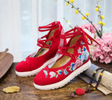 Breakj White Sole Embroidered Cloth Shoes High Heel Slope Canvas Embroidered Women's Singles Shoes Lace Retro National Style Cloth
