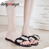 Striped Ribbon Cork Sandals Flat Non-Slip Flip Flop Home Shoes Casual Straw Beach Slipper Slipper Pearl Weaving