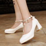 Women Wedding Shoes Crystal Preal Ankle Strap Bridal Shoes Woman Dress Shoes Seay Pumps Sweet Party